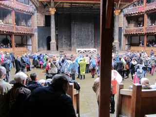 The yard and stage set for The Merchant of Venice - Shakespeare's Globe 2015